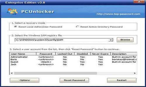pcunlocker unable to read sam database